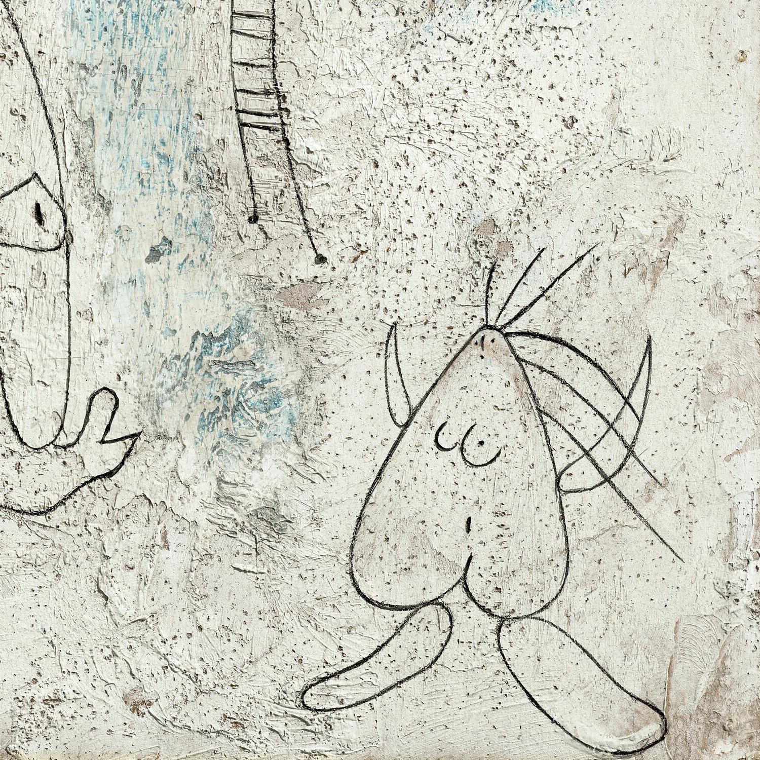 Abstract artwork with a stylized figure and geometric shapes on a textured background