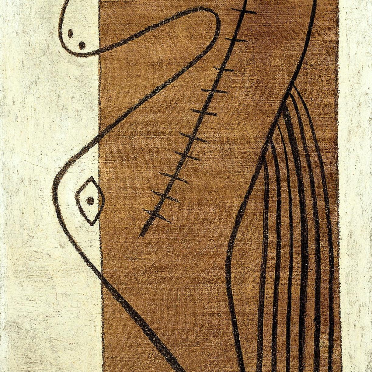Abstract artwork with a stylized figure on a textured background