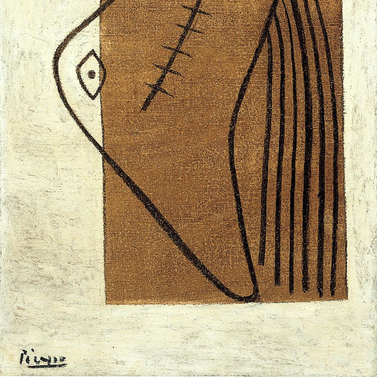 Abstract artwork with a stylized face on a textured beige background