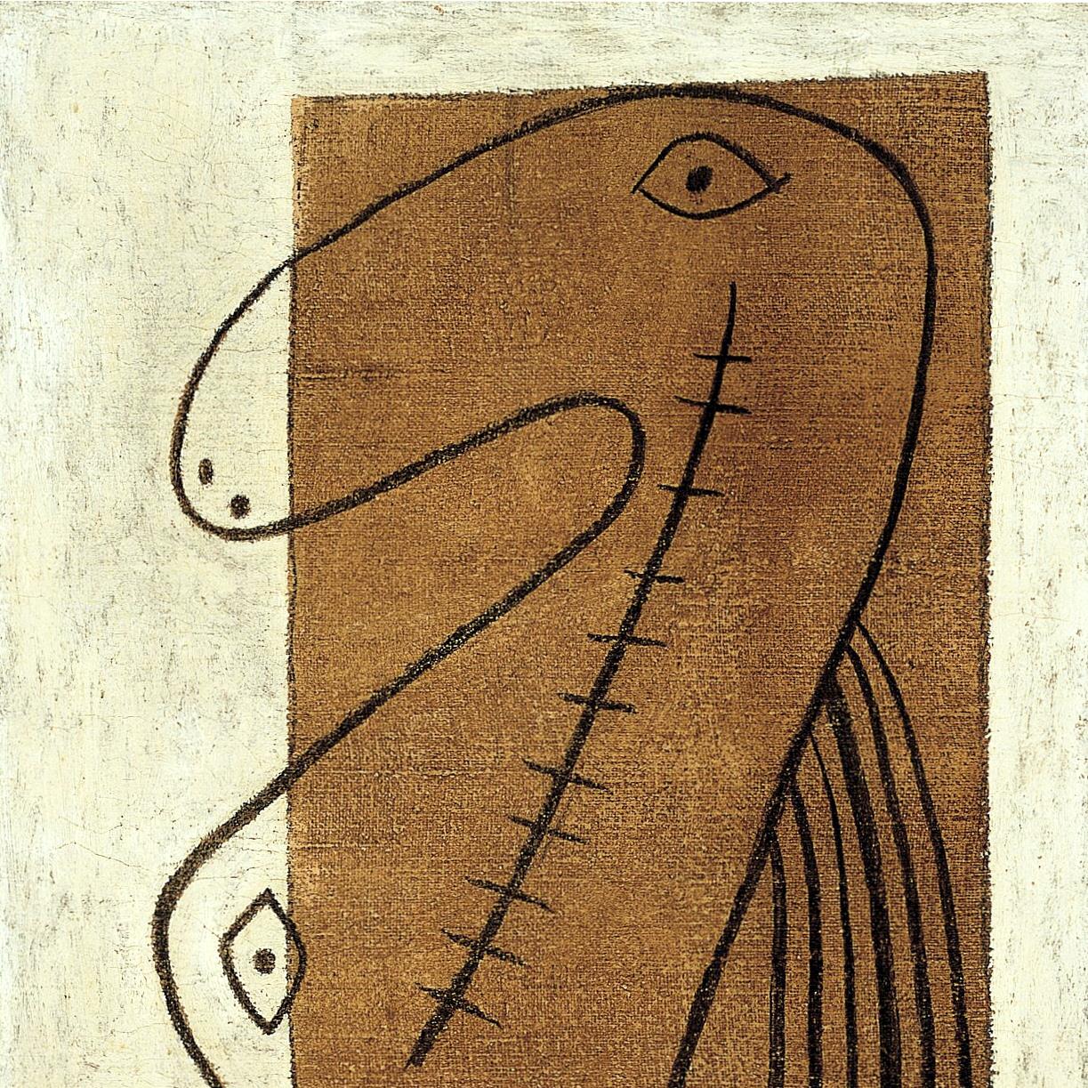 Abstract artwork of a stylized face with a brown background