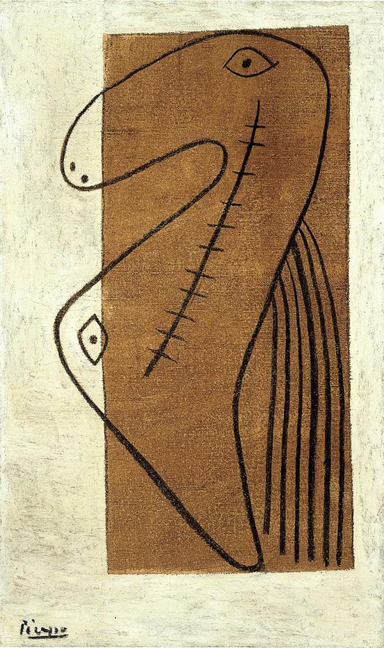 Abstract artwork with a stylized face on a textured brown background