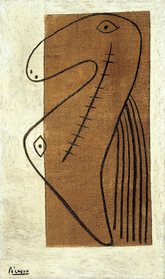 Abstract artwork with a stylized face on a textured brown background