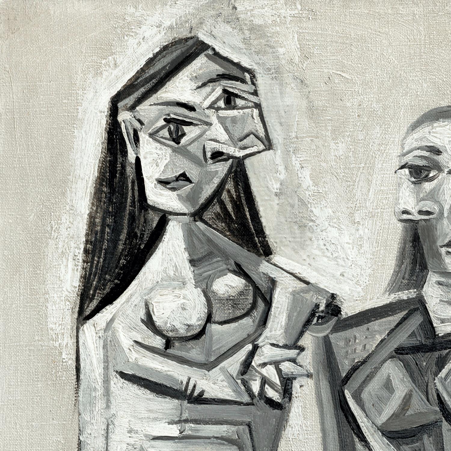 Abstract black and white artwork of two figures on a textured beige background