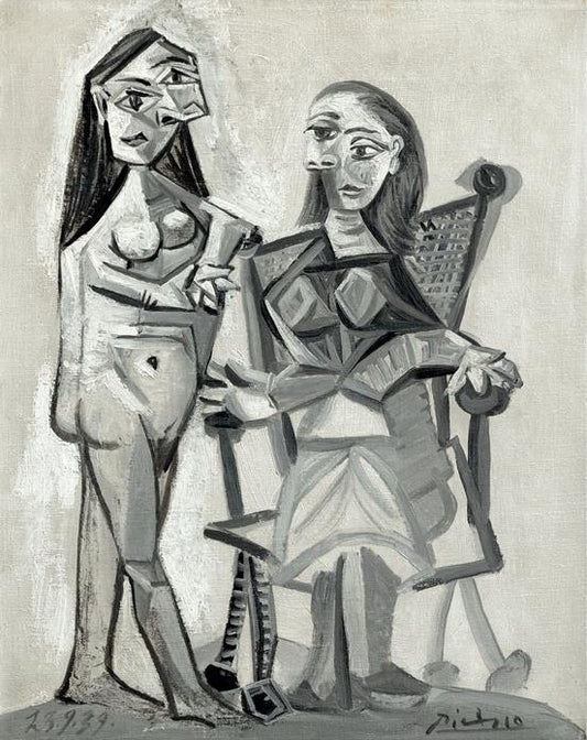 Artistic depiction of two figures in a Cubist style, with one standing and the other seated on a chair.