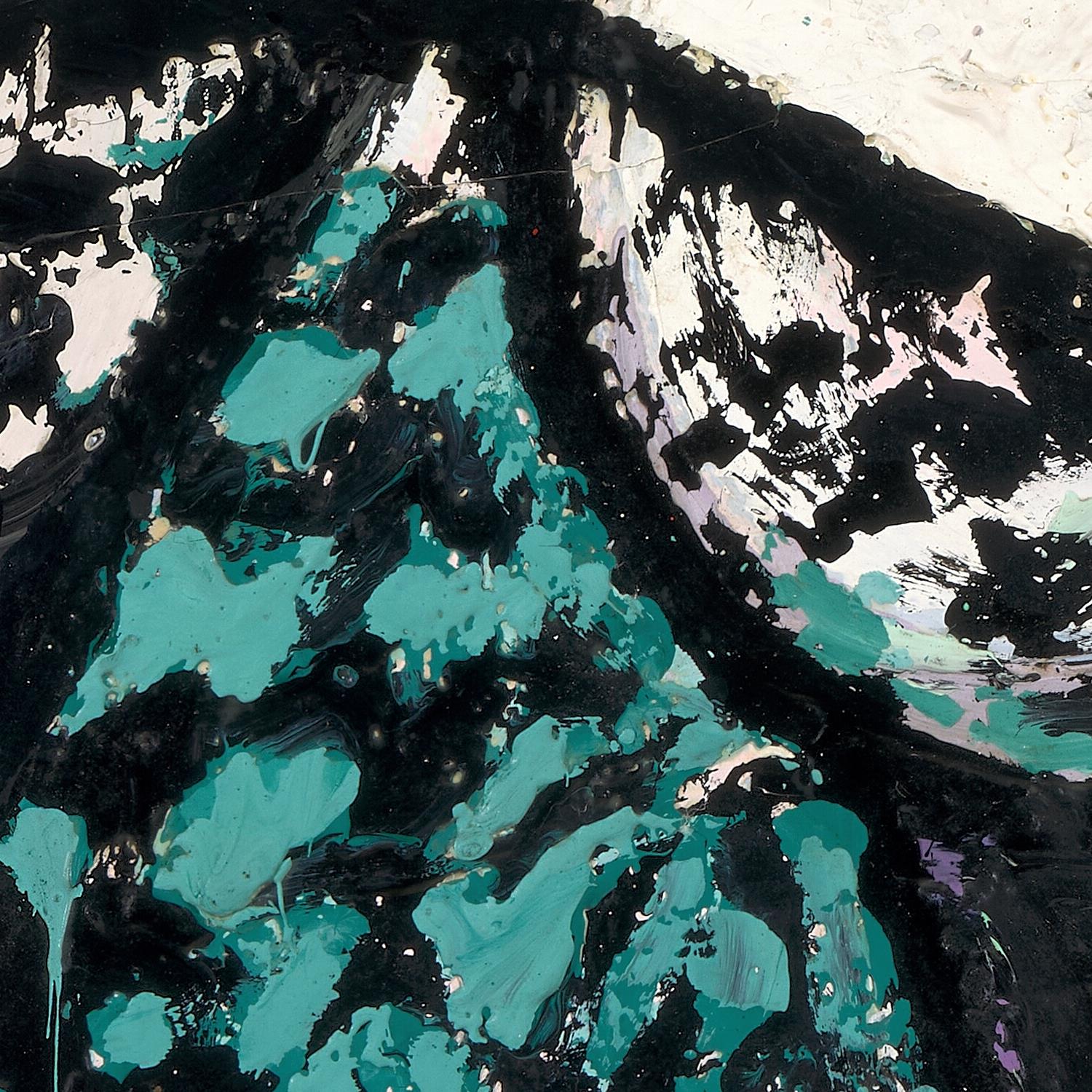 Abstract art with black, teal, and white colors