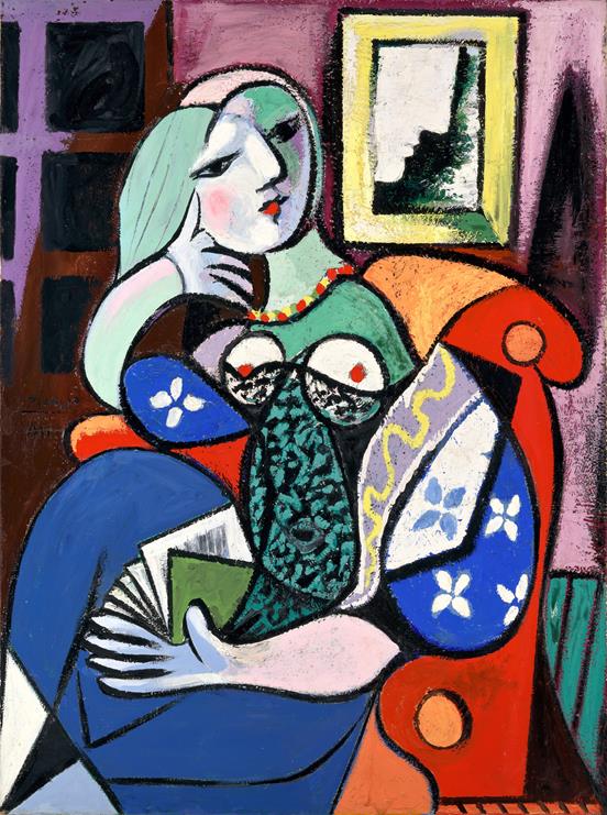 Abstract artwork of a woman holding a fish with colorful patterns