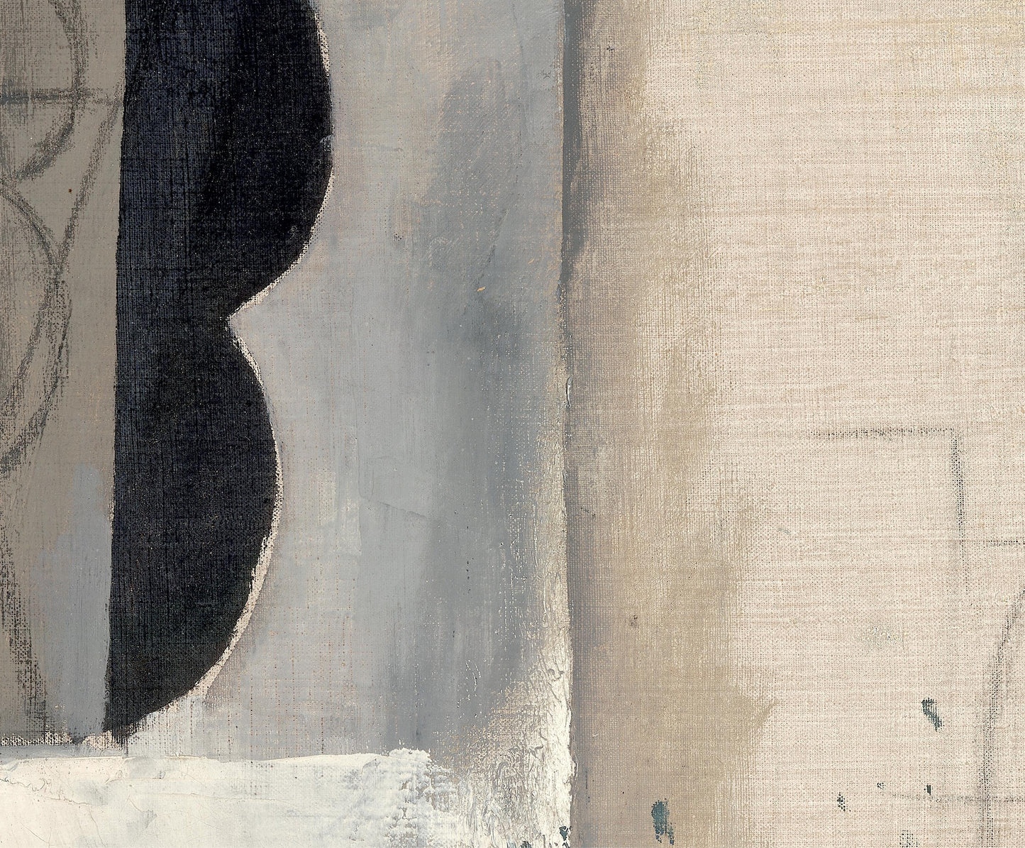 Abstract art with black, gray, and beige shapes on a textured background