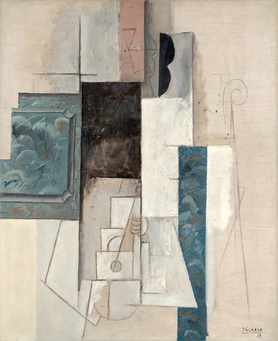 Abstract artwork with geometric shapes and colors on a beige background