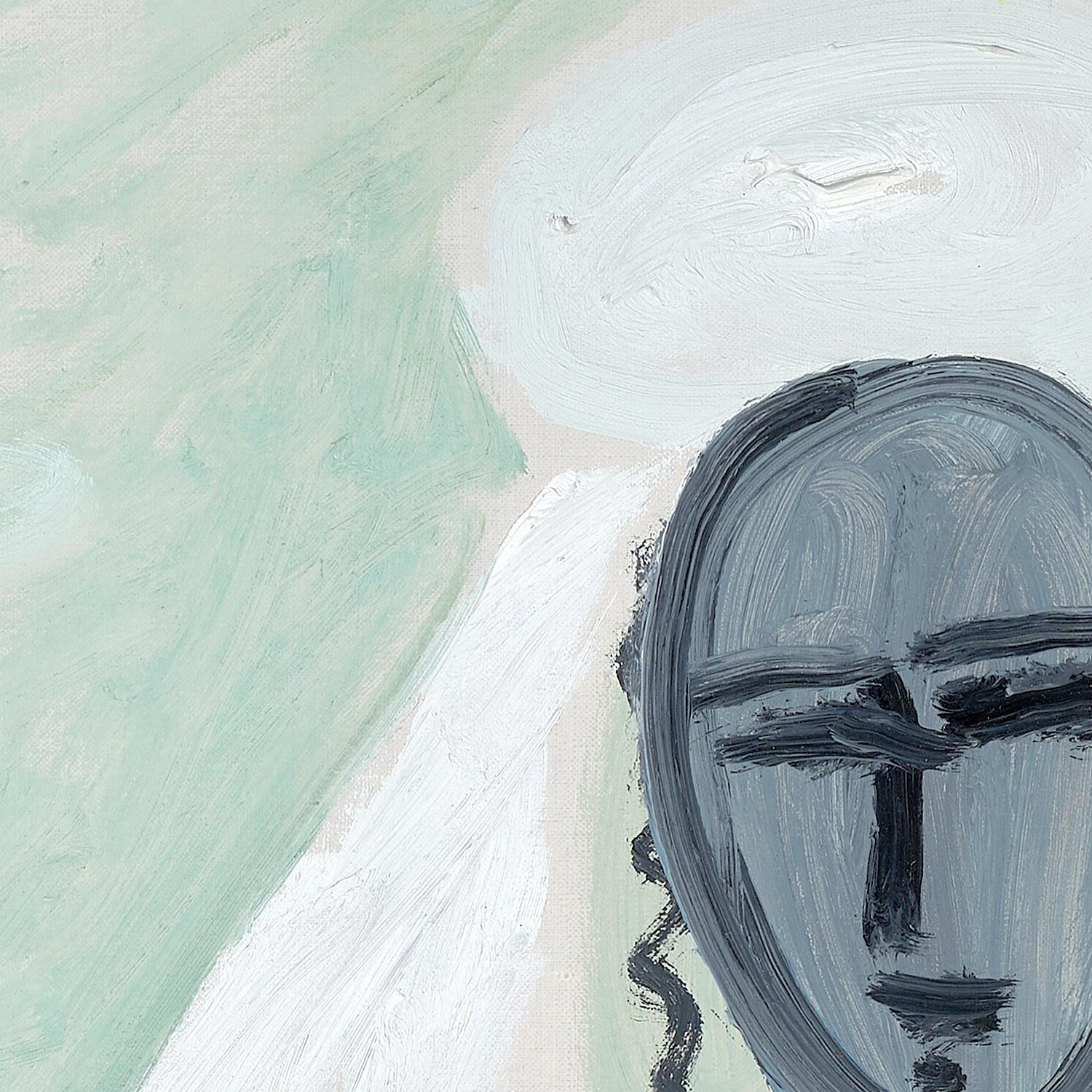 Abstract art with circular brush strokes in gray, black, and light green on a white background