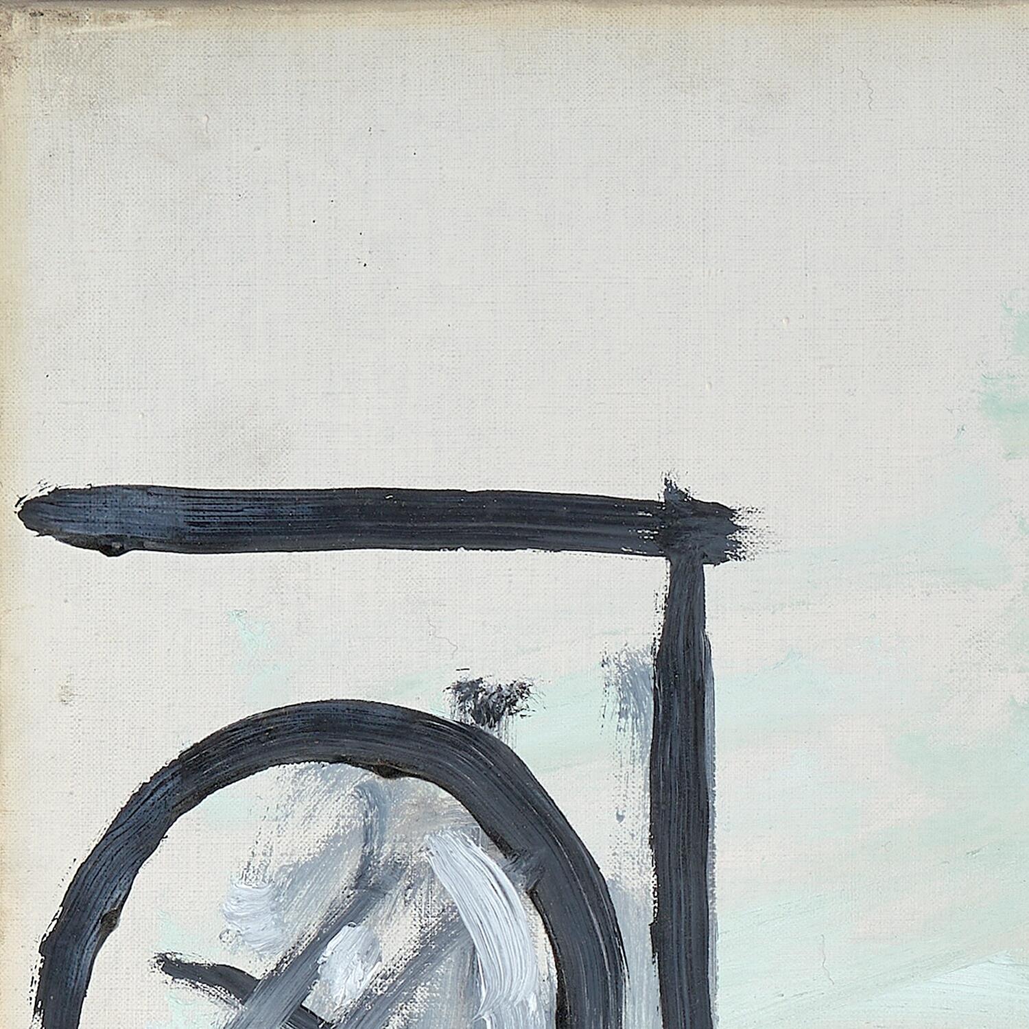 Abstract painting with black and gray brush strokes on a light background