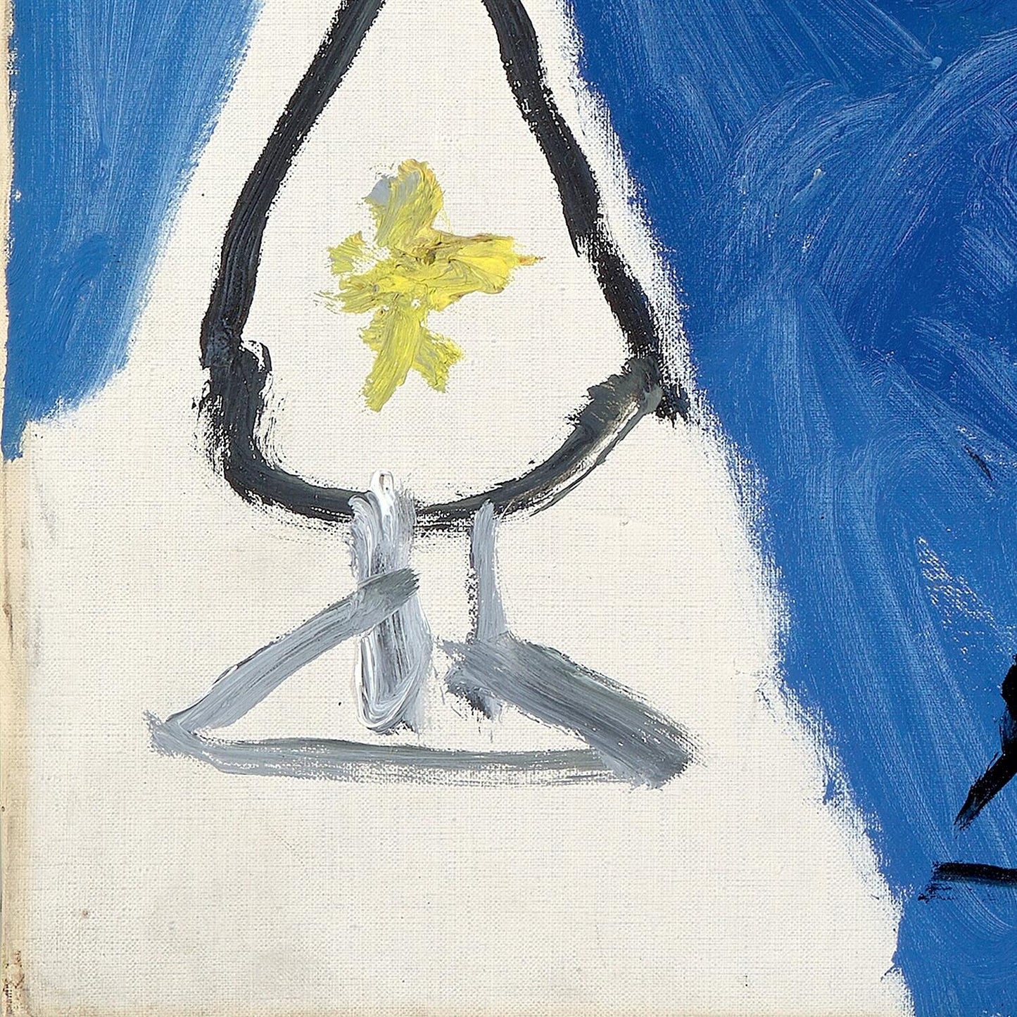 Abstract painting with a yellow flower on a white triangle against a blue background