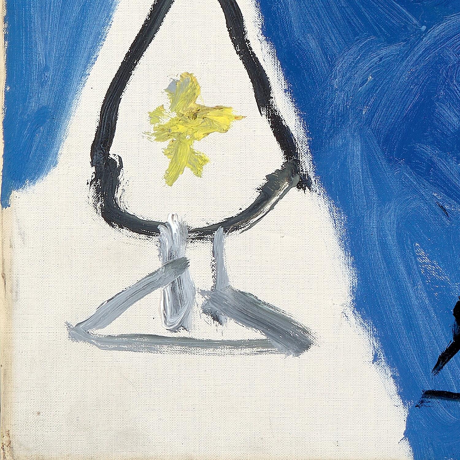 Abstract painting with a yellow flower on a white triangle against a blue background