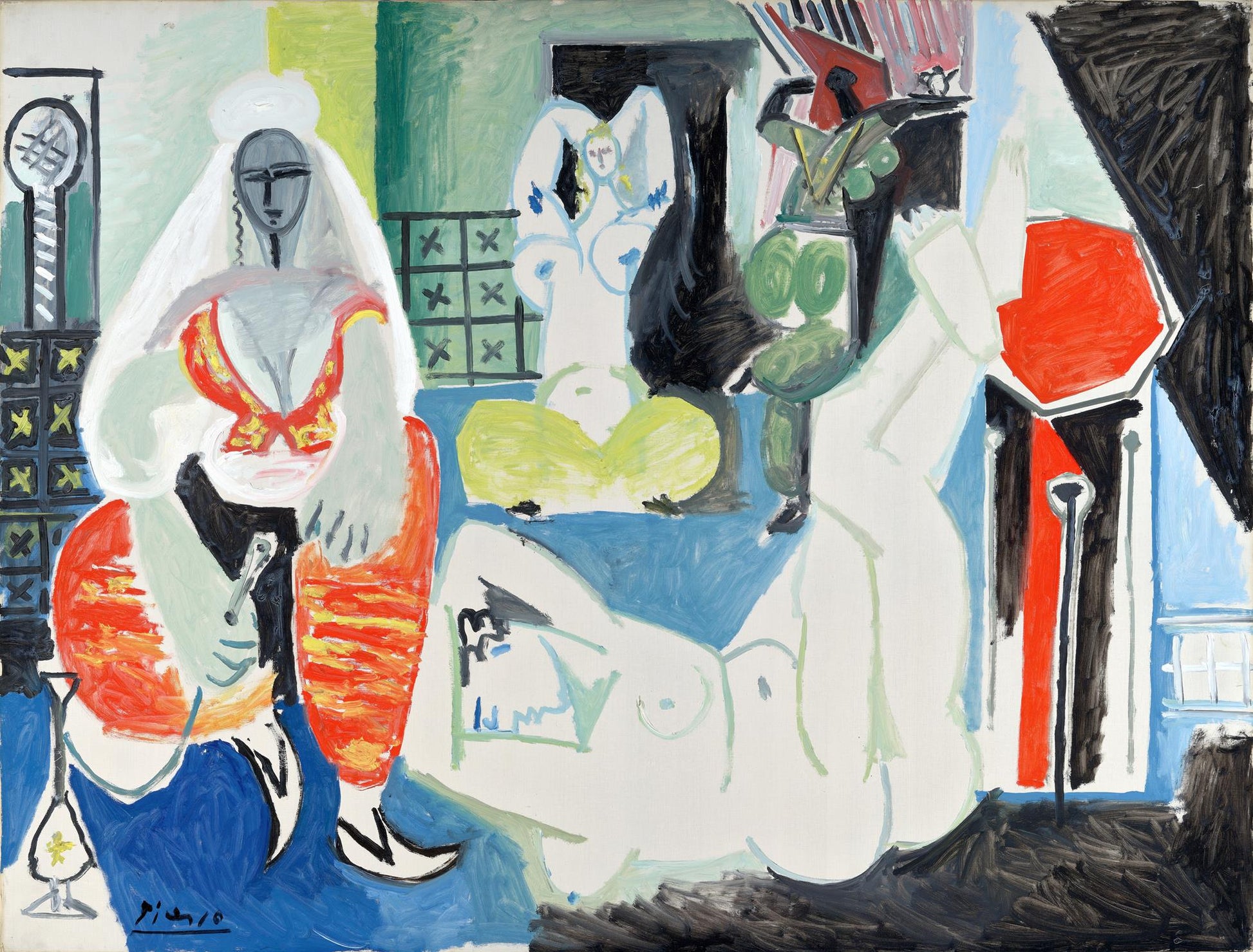 Abstract artwork with figures and geometric shapes in a stylized setting