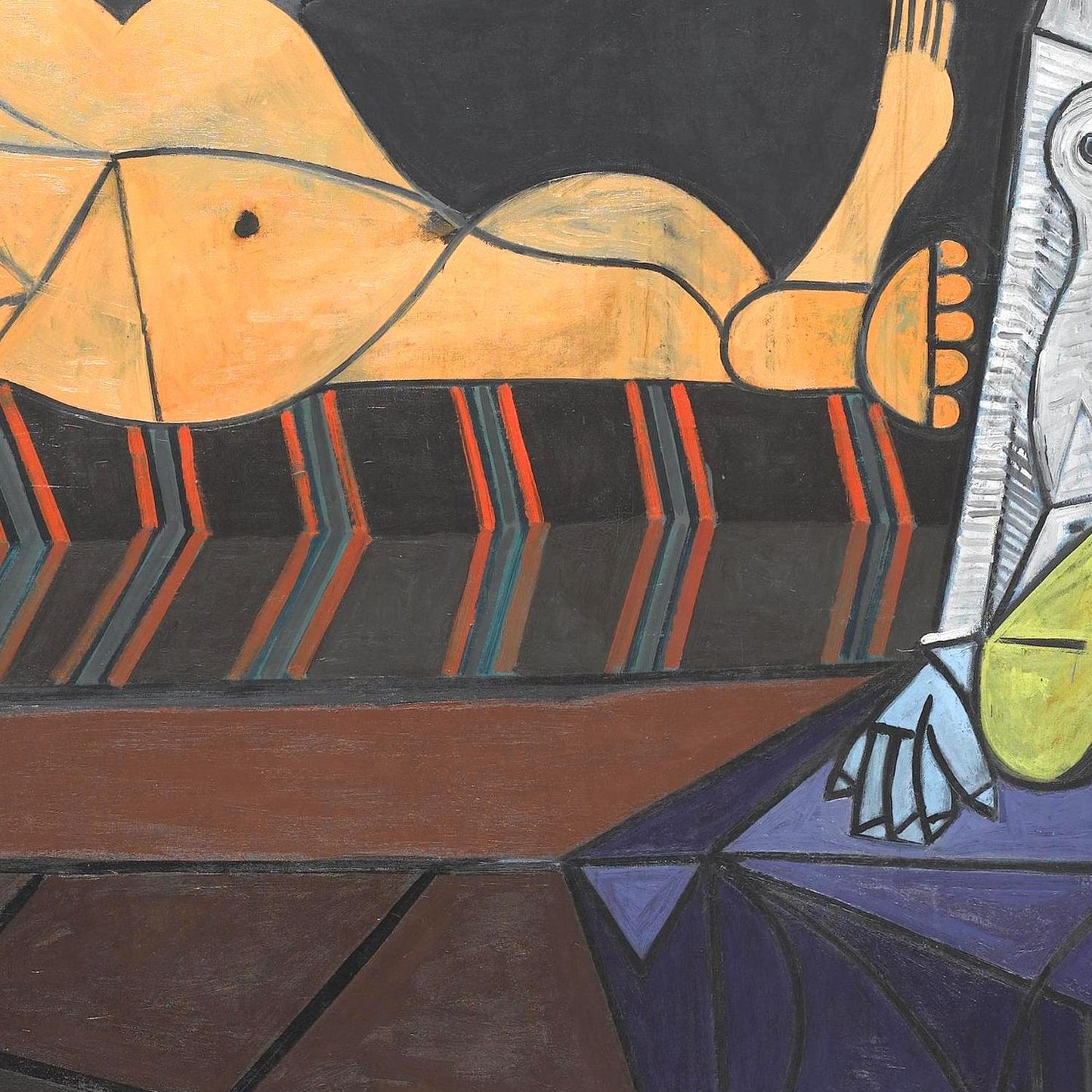 Abstract artwork with geometric shapes and a foot-like figure.