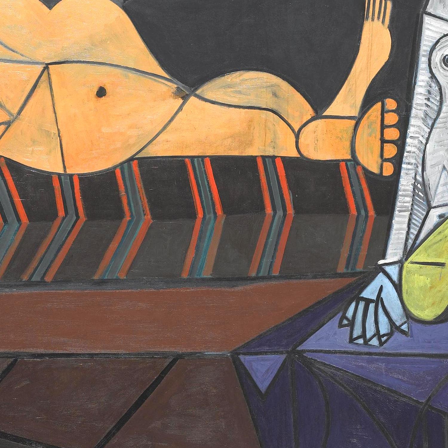 Abstract artwork with geometric shapes and a foot-like figure.