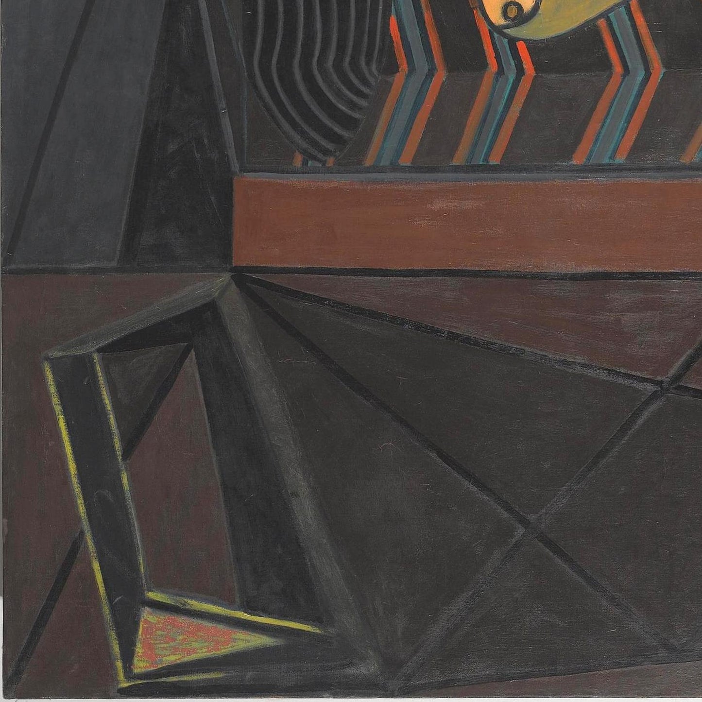 Abstract geometric painting with black, brown, and multicolor elements