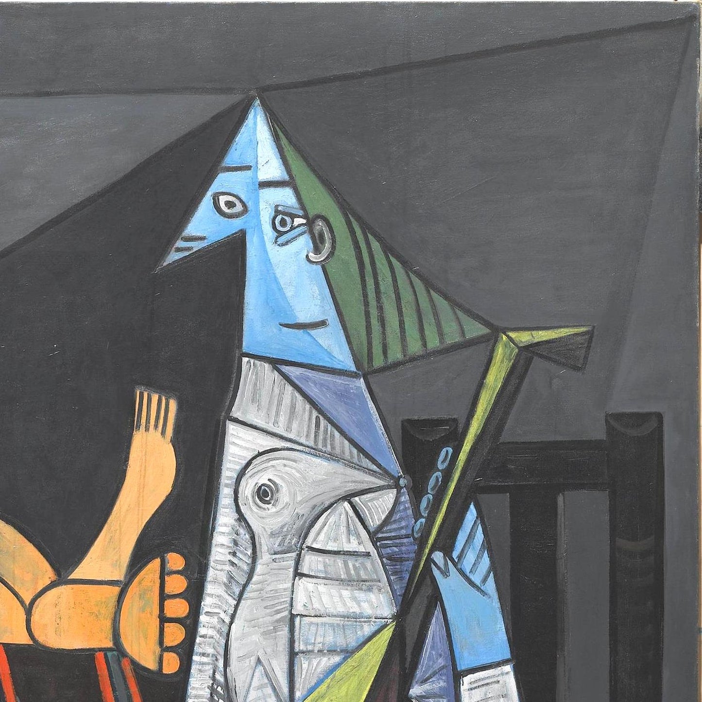 Abstract artwork with geometric shapes and colors on a dark background