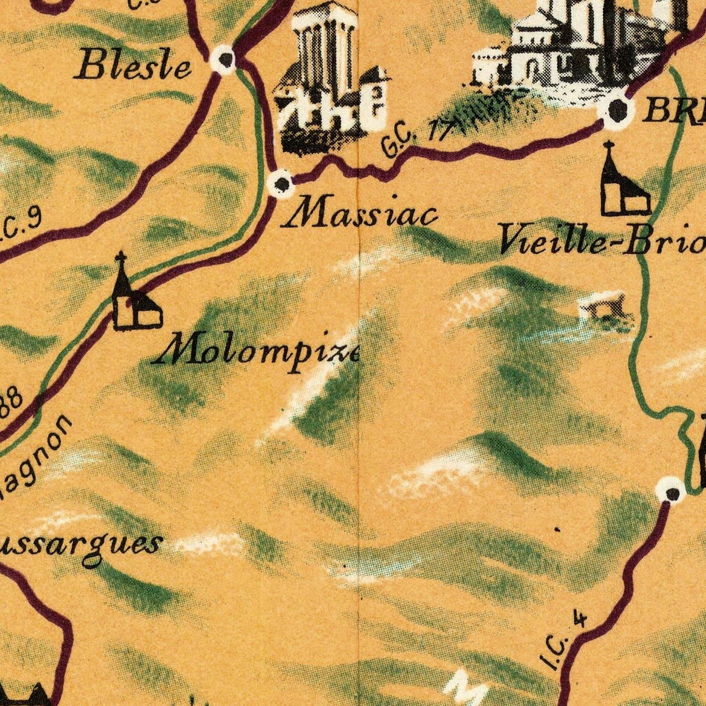 Vintage map of Massiac and surrounding areas with labeled places and topography.