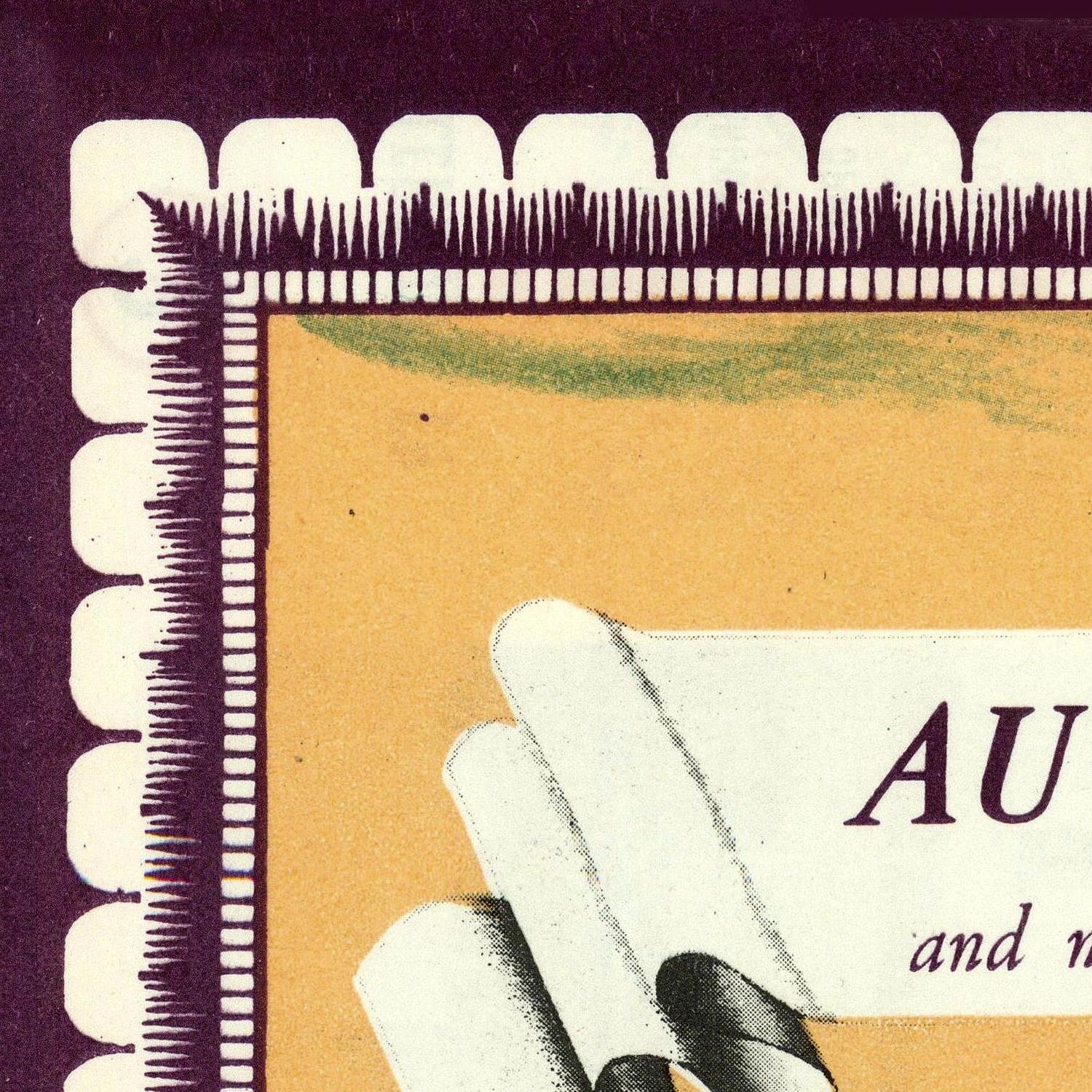 Vintage-style illustration of a hand holding a card with 'AU' on a purple and yellow background