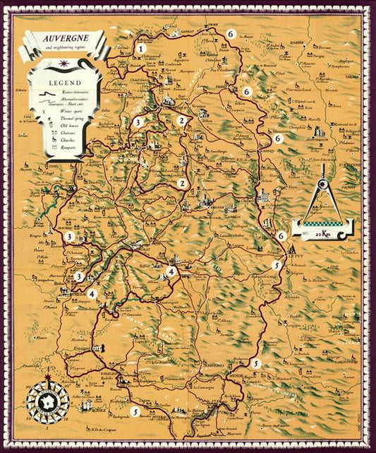 Map of Auvergne with various markers and a legend on a yellowish background