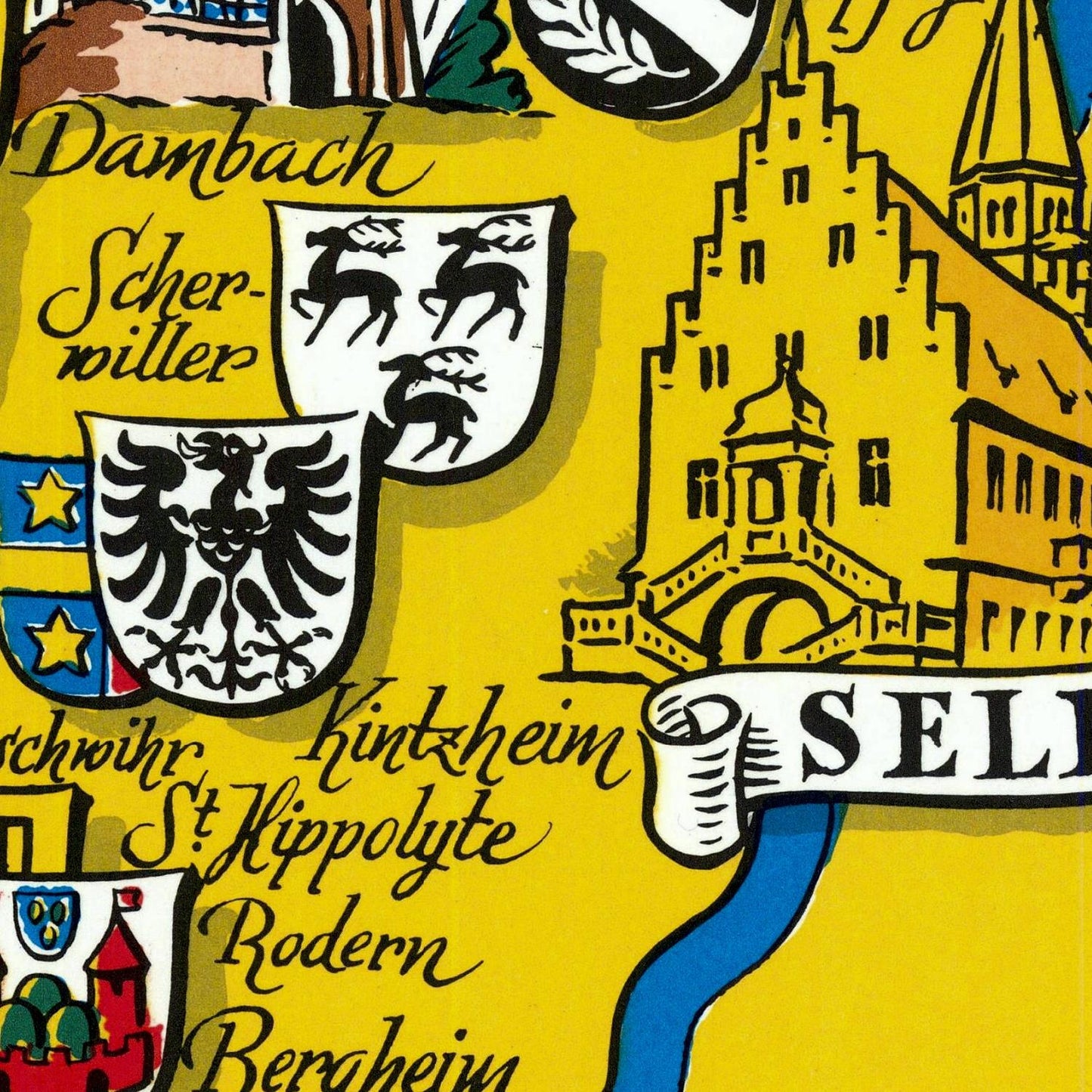 Map or chart with city names and symbols on a yellow background