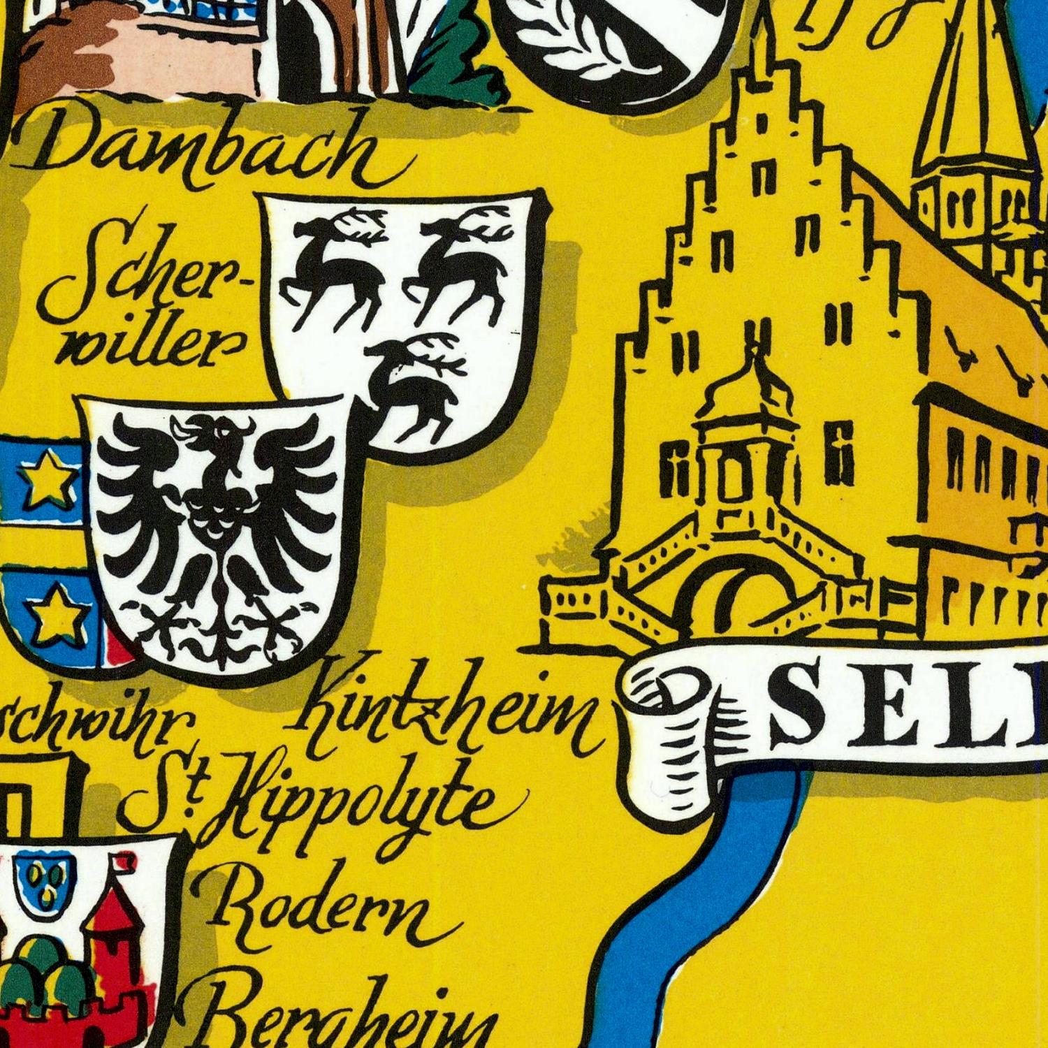 Map or chart with city names and symbols on a yellow background