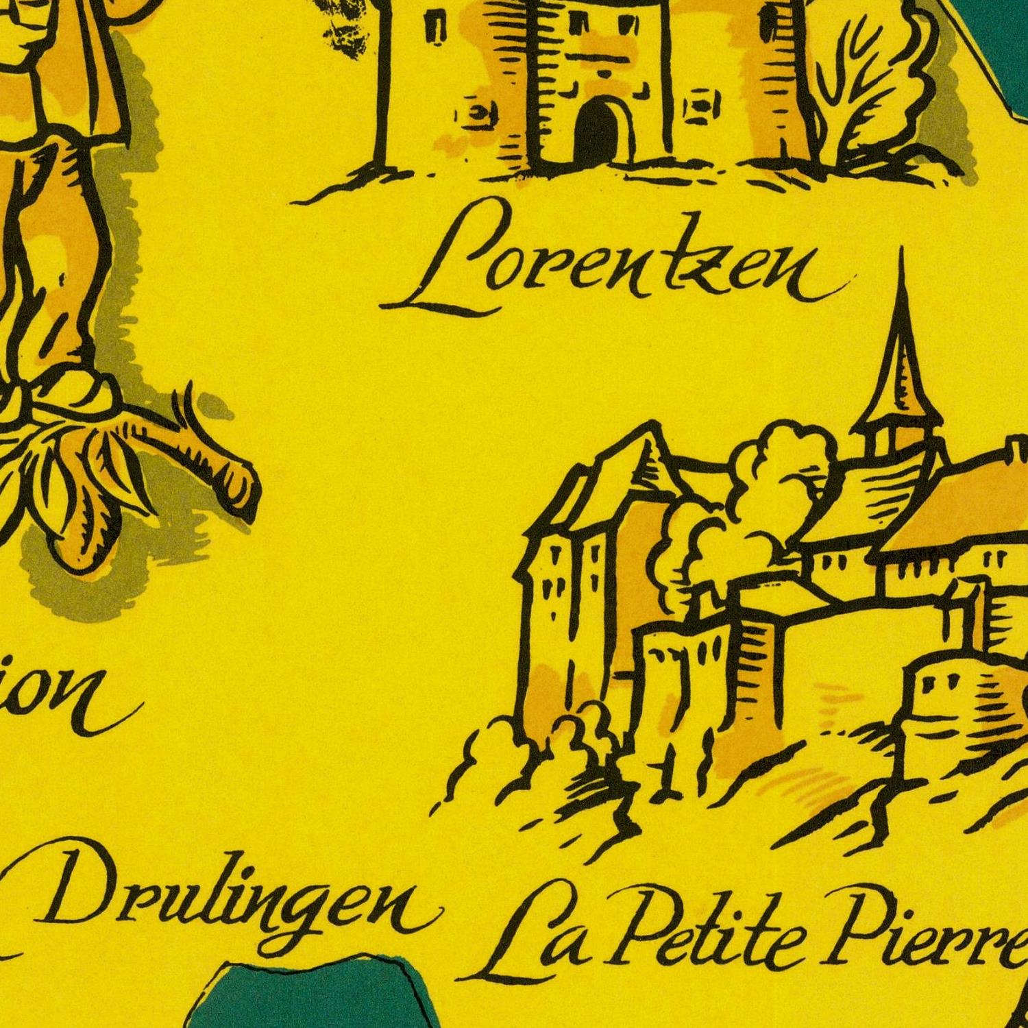 Vintage-style illustration with a castle, person, and text on a yellow background