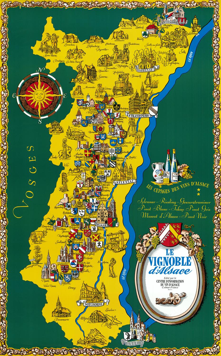Map of Alsace with various landmarks and a decorative border