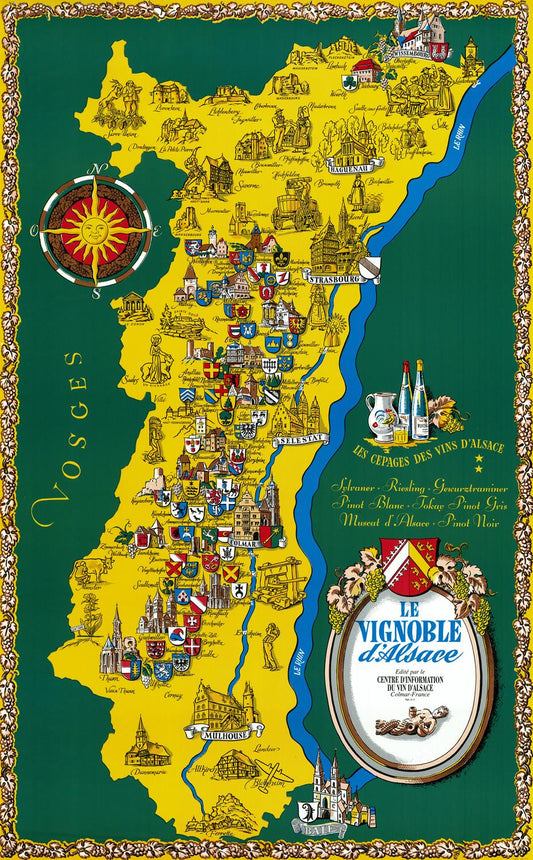 Map of Alsace with various landmarks and a decorative border