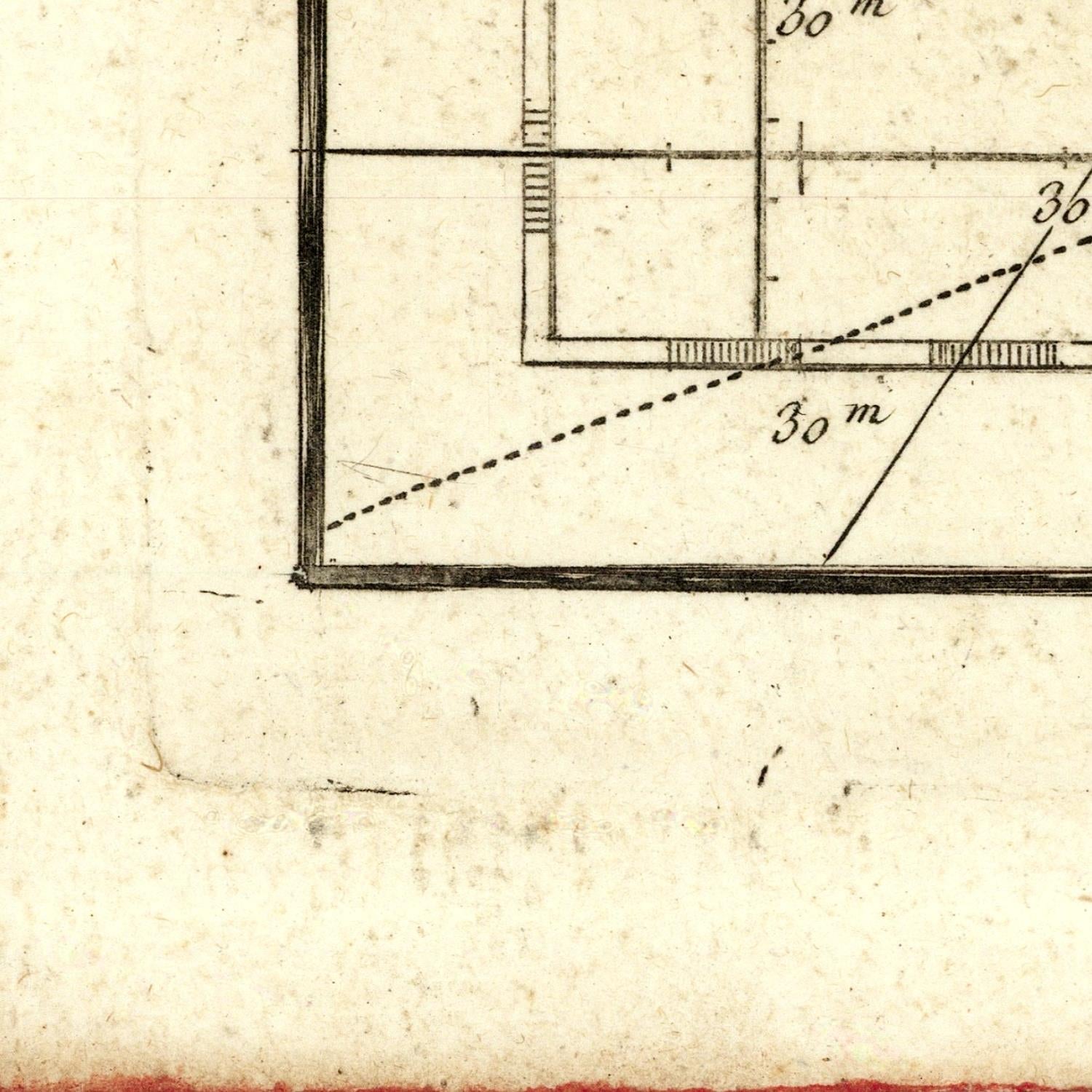 Architectural drawing with measurements on a textured paper background