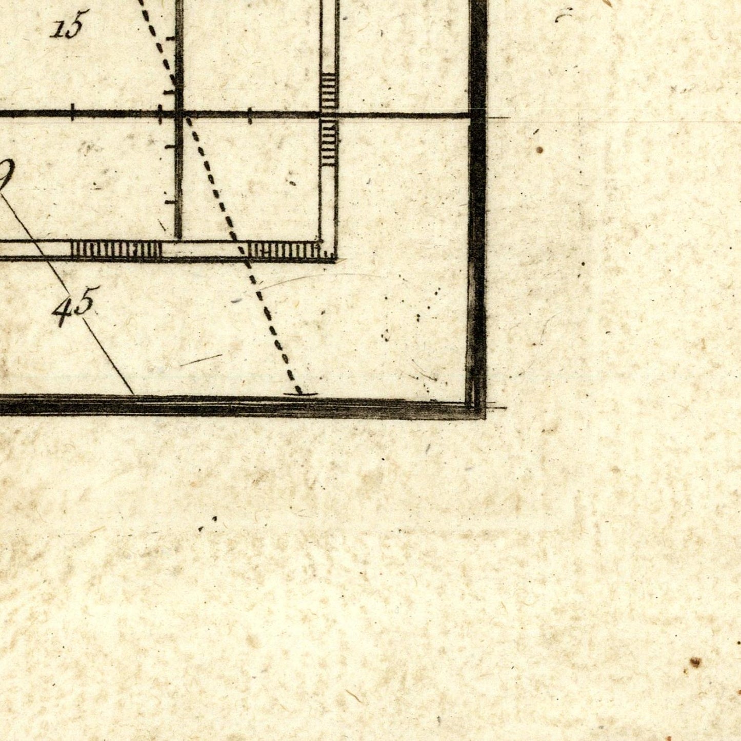 Architectural drawing on textured paper with measurements and lines