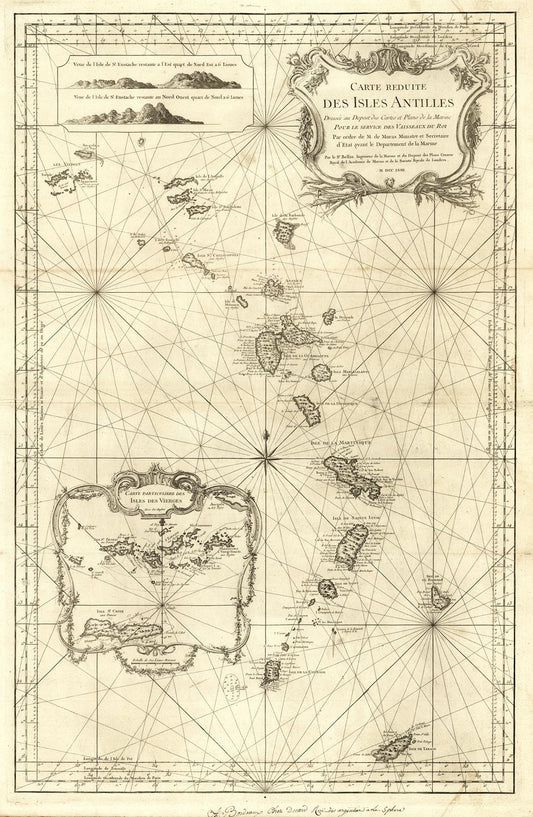 Vintage map of the Caribbean Islands with navigational lines and island outlines.