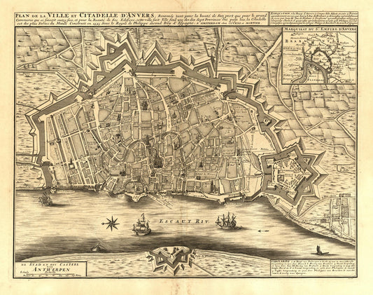 Vintage map of a city with fortifications and water body, likely from the 18th century.