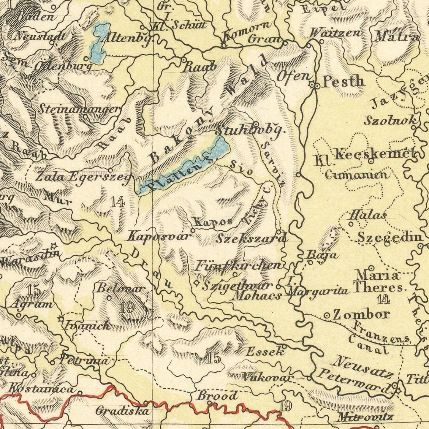 Vintage map of a region with various place names and topographical details