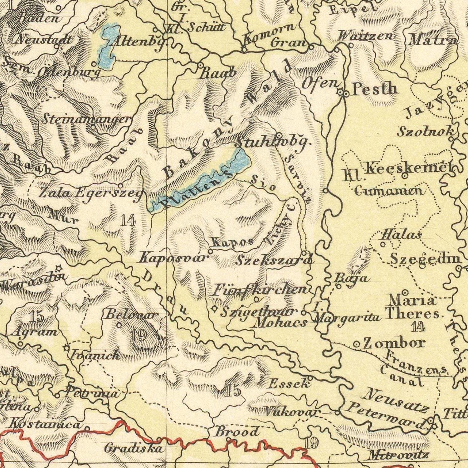 Vintage map of a region with various place names and topographical details