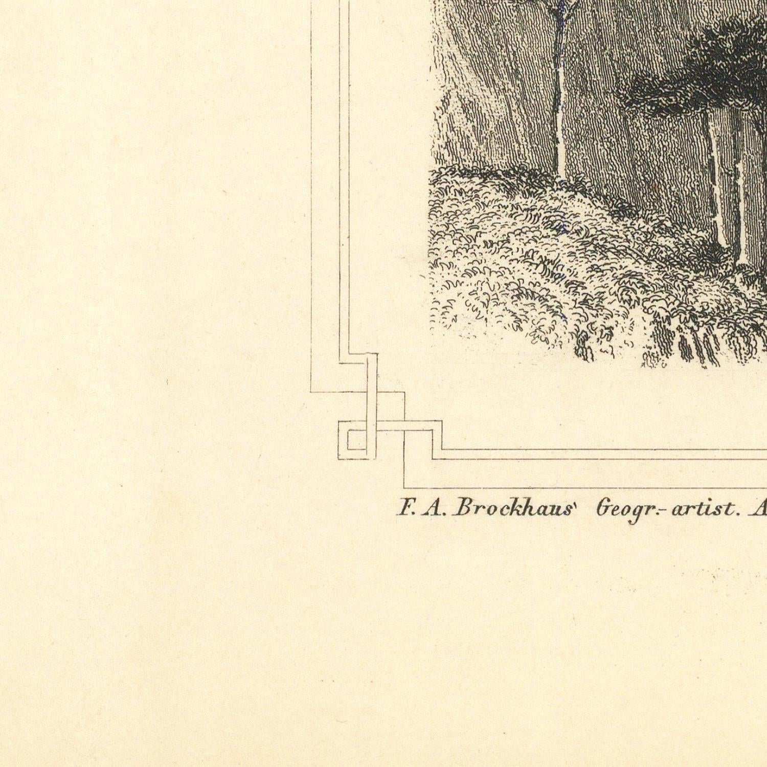 Vintage illustration of a landscape with trees and a path, signed 'F.A. Brockhaus'.