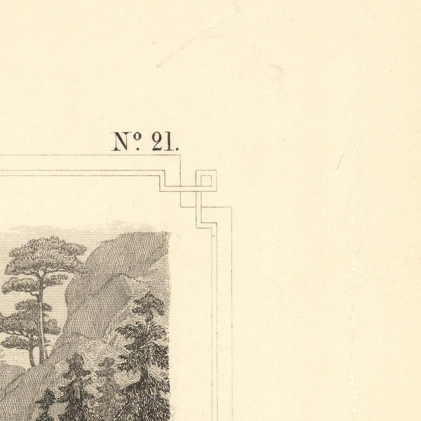 Vintage-style illustration of a landscape with trees and a mountain, labeled 'No. 21'.