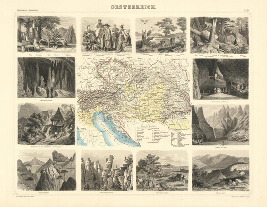 Collage of illustrations and a map of Austria from an old atlas.