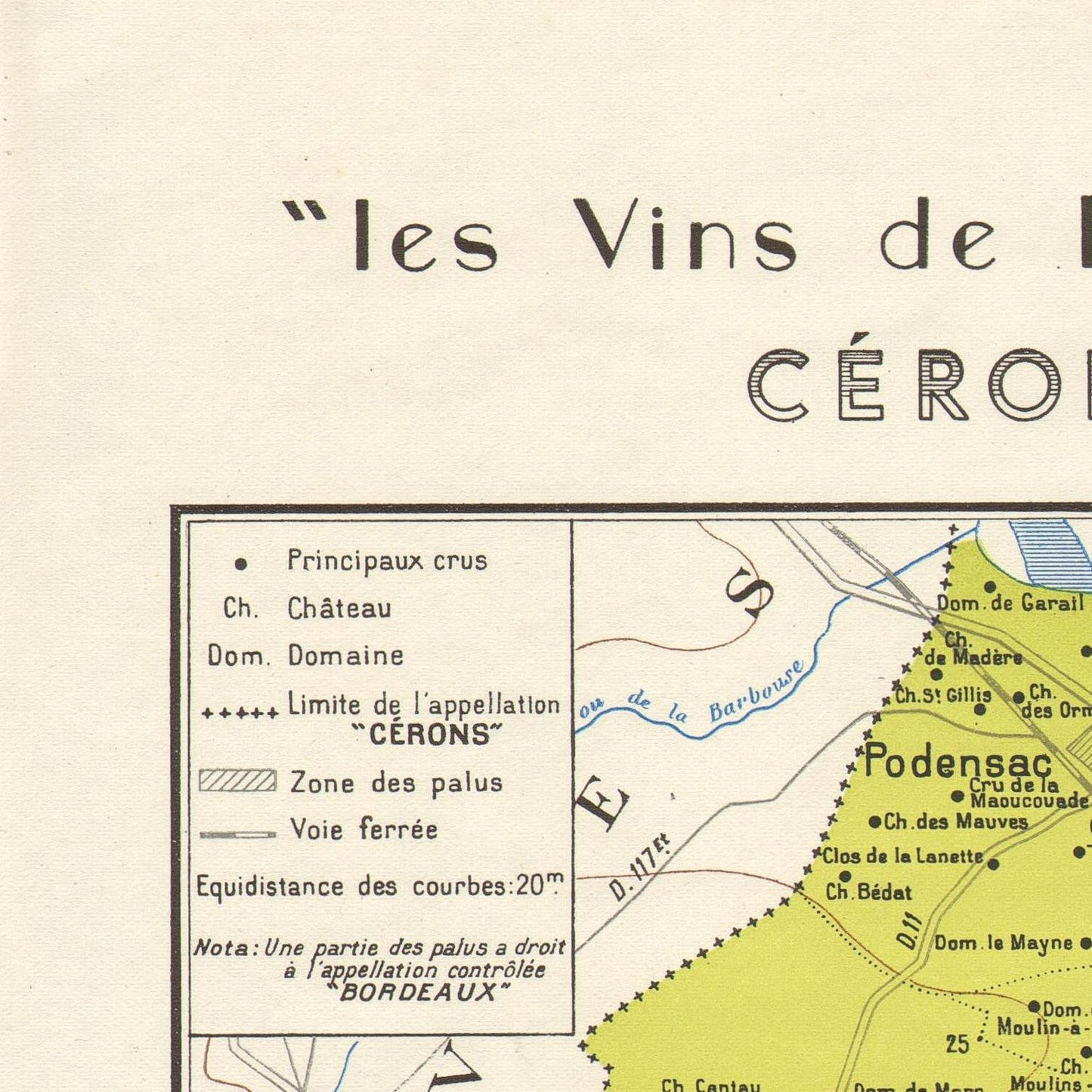Cerons wine map, Bordeaux, 1949