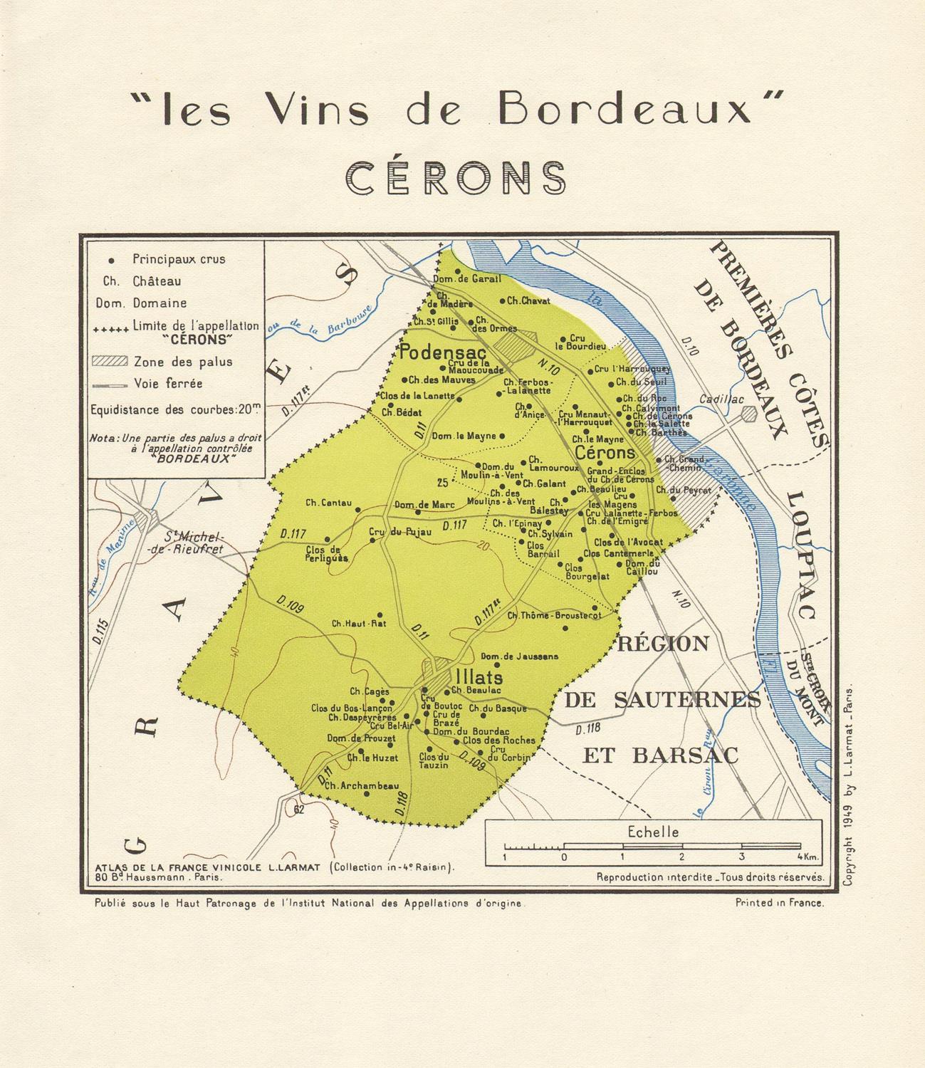 Cerons wine map, Bordeaux, 1949