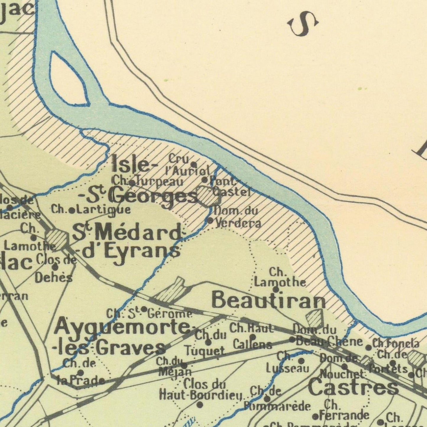 Vintage map of a region with labeled places and a river.