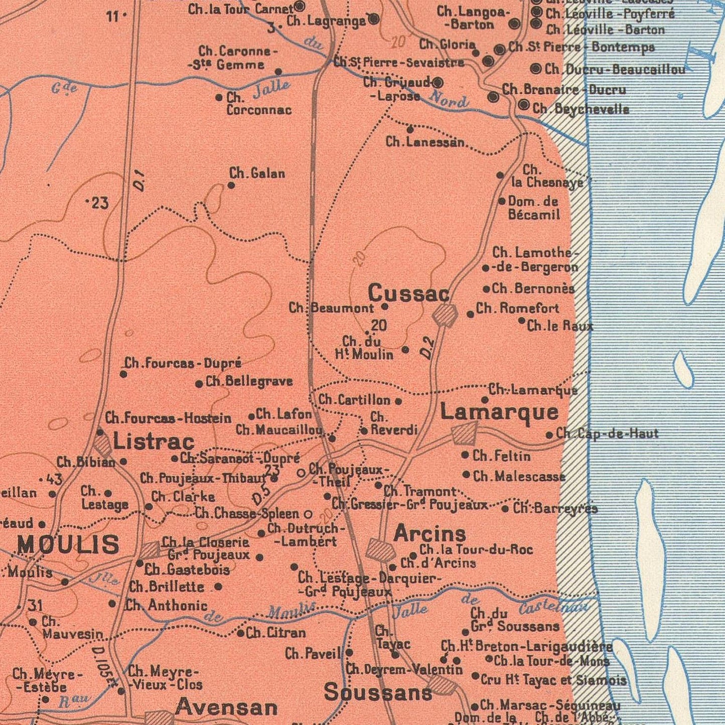 Map of a region with various towns labeled, featuring a color gradient from red to blue.