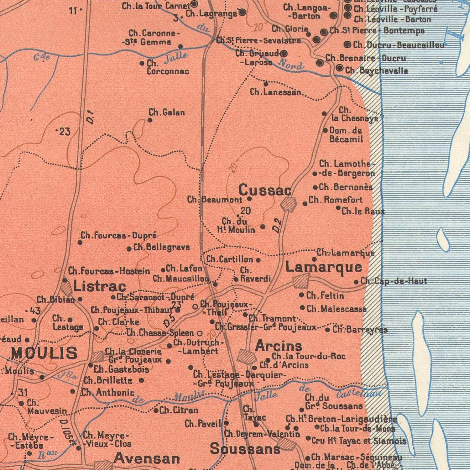 Map of a region with various towns labeled, featuring a color gradient from red to blue.