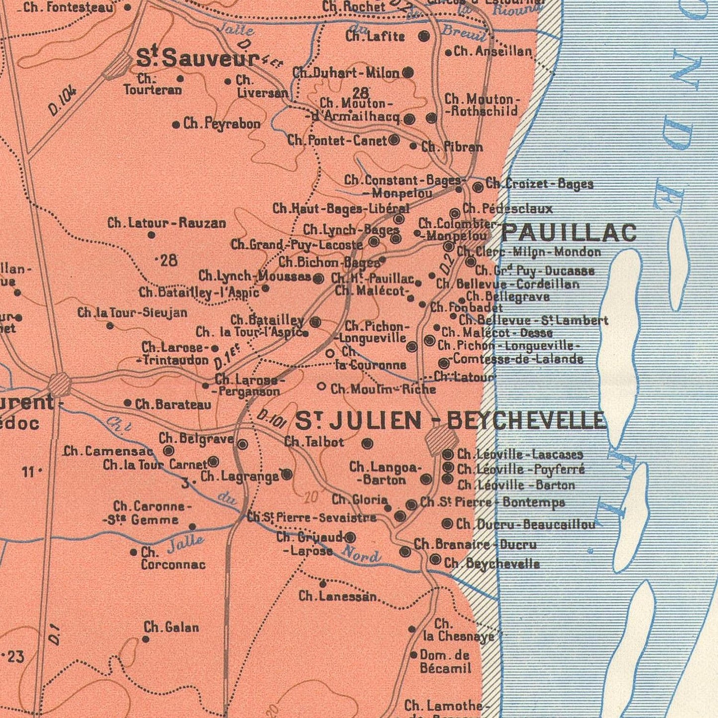 Map of a region with labeled places, featuring a color gradient from red to blue.