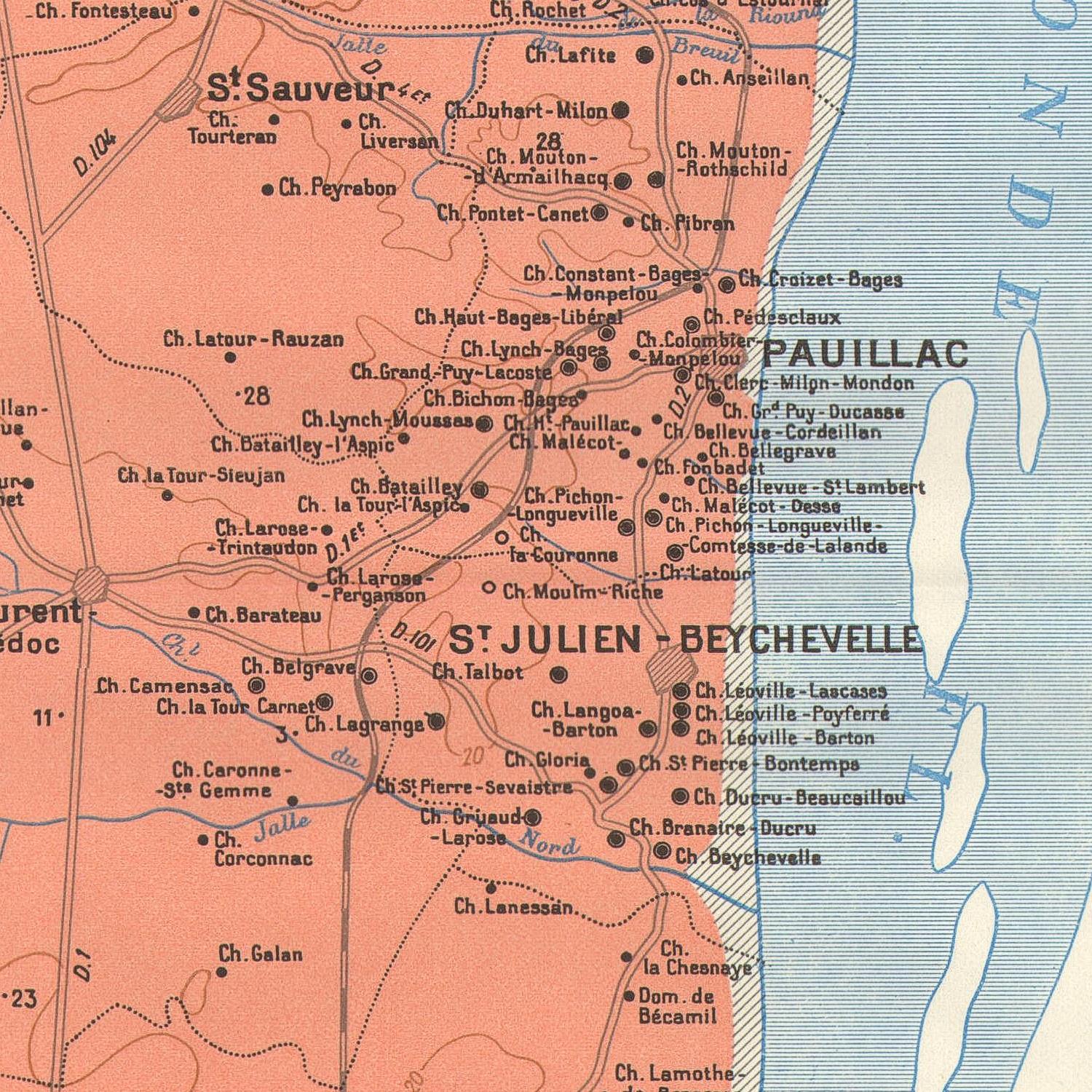 Map of a region with labeled places, featuring a color gradient from red to blue.