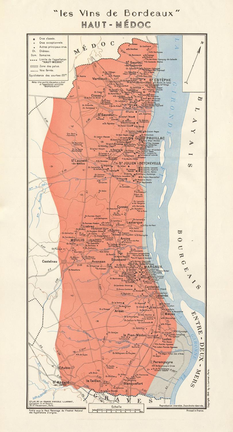 Map of Haut-Medoc wine region in Bordeaux, France, with color coding.