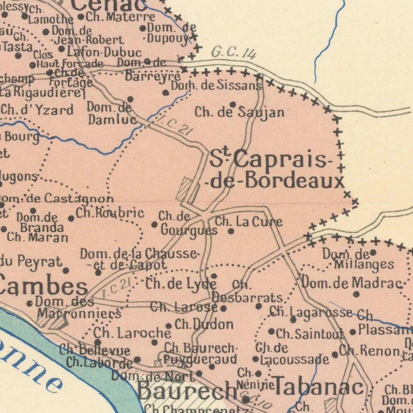 Map of a region with labeled places, colored in pink and other hues.
