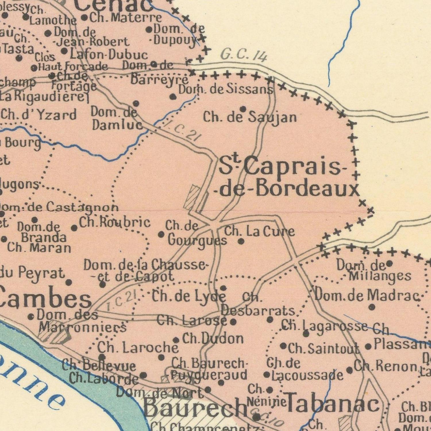 Map of a region with labeled places, colored in pink and other hues.