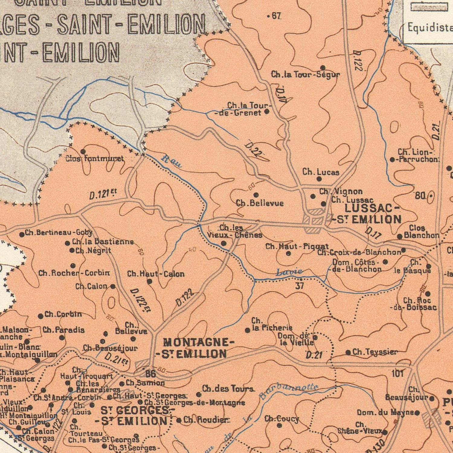 Vintage map of Saint-Emilion region with labeled areas and roads.