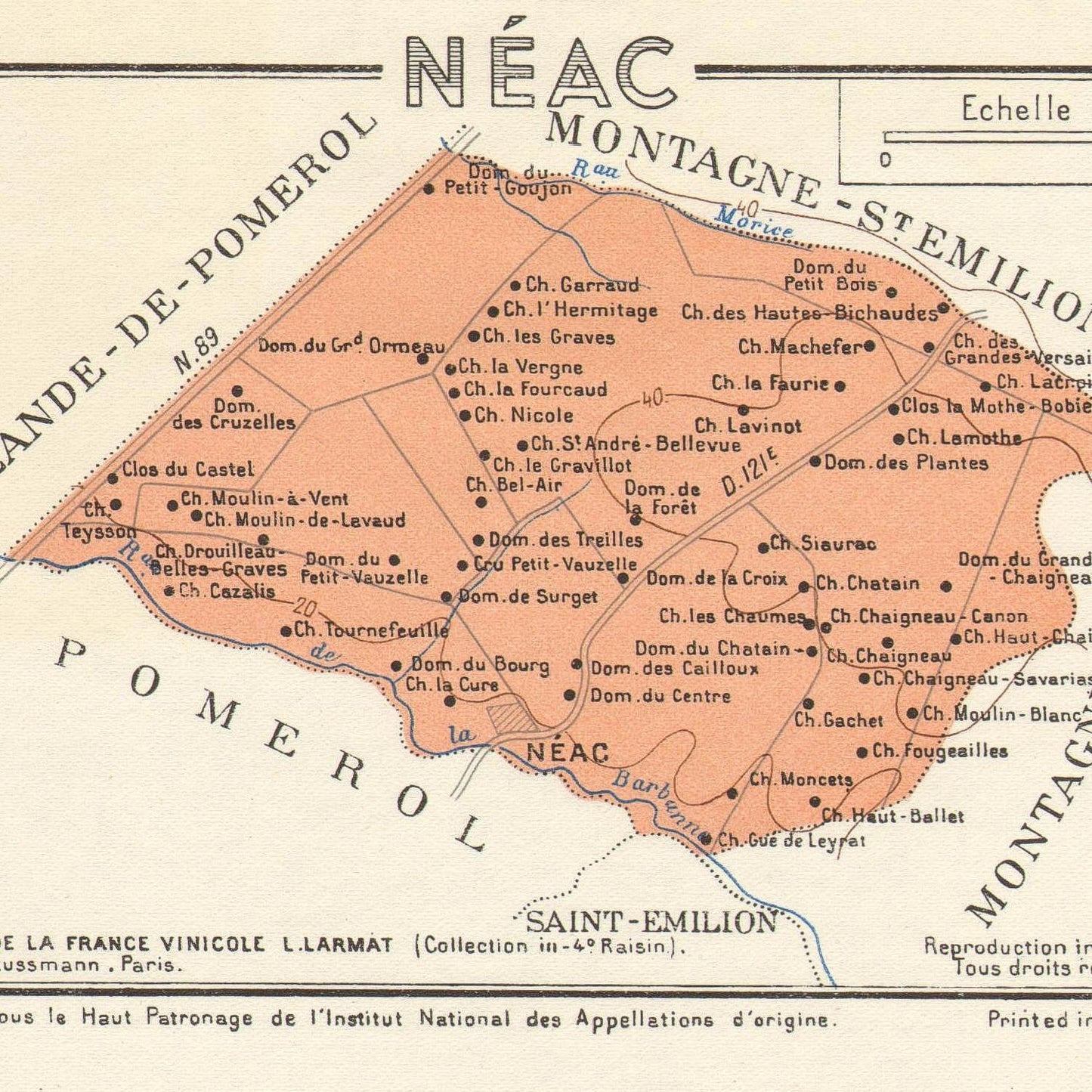 Map of vineyards in Néac, Montagne St-Emilion with labels and boundaries.
